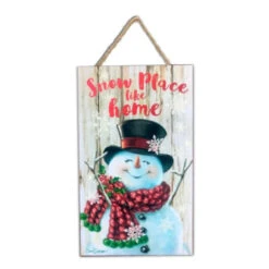 Christmas Central White And Red Snowman Printed Rectangular Christmas Wall Sign With Rope Hanger 10" X 6"
