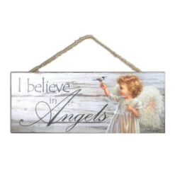 Christmas Central White And Gray Angel Printed Rectangular Wall Sign With Rope Hanger 4" X 10"