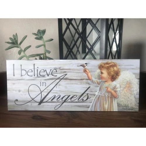 Christmas Central White And Gray Angel Printed Rectangular Wall Sign With Rope Hanger 4" X 10" - Image 2
