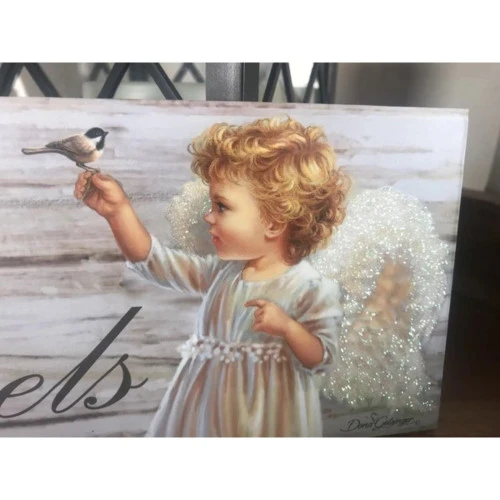 Christmas Central White And Gray Angel Printed Rectangular Wall Sign With Rope Hanger 4" X 10" - Image 3