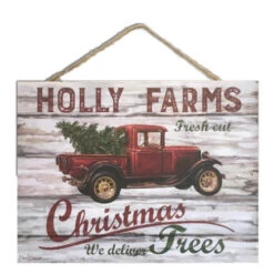Christmas Central Cream White And Red Holly Farms Rectangular Sign With Rope Hanger 7" X 10"