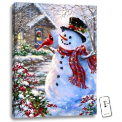 Christmas Central 24" X 18" White And Red Snowman And Feathered Friend Backlit LED Wall Art With Remote Control