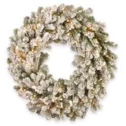 Christmas Central Pre-Lit Snowy Sheffield Spruce Artificial Christmas Wreath, 24-Inch, White LED Lights