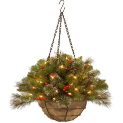 Christmas Central 20" Pre-Lit Artificial Pine Christmas Hanging Basket With Berries - Warm White LED Lights/BO