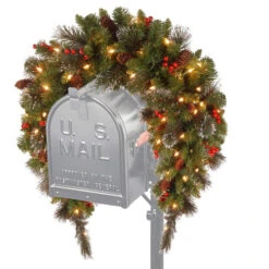 Christmas Central 36" Pre-lit Crestwood Spruce Mailbox Cover With Silver Bristle, Warm White LED Lights