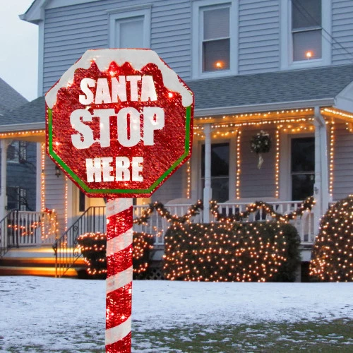 Christmas Central 60" Red And White Stop Sign Decor With White LED Lights - Image 2