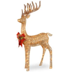 Christmas Central 48" Champagne Gold And Red Pre-lit Standing Reindeer Christmas Decoration - White LED Lights
