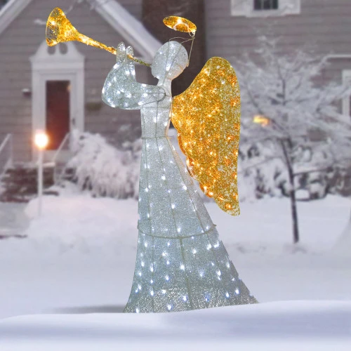 Christmas Central 60" Pre-lit White And Gold Trumpeting Angel LED Christmas Yard Decoration- White Lights - Image 2