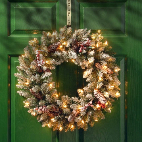 Christmas Central Pre-Lit Dunhill Fir Artificial Christmas Wreath With Red Berries β 24-Inch Clear Lights - Image 2