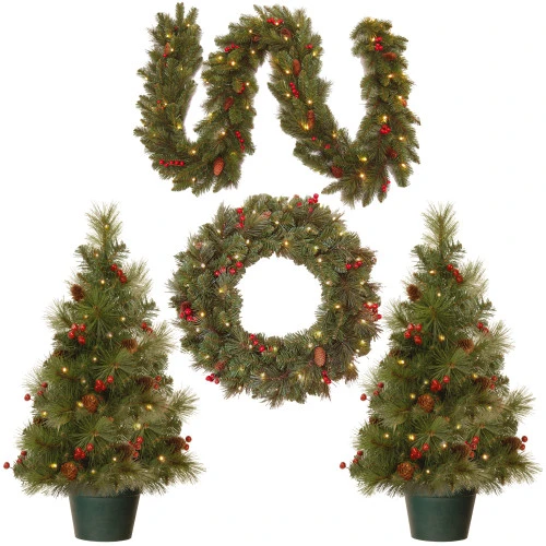 Christmas Central Set Of 4 Pre-Lit Artificial Christmas Set, Warm White LED Lights, 9'