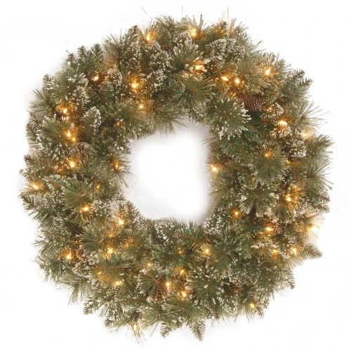 Christmas Central Pre-Lit Frosted Bristle Pine Artificial Christmas Wreath, 24-Inch, White Lights