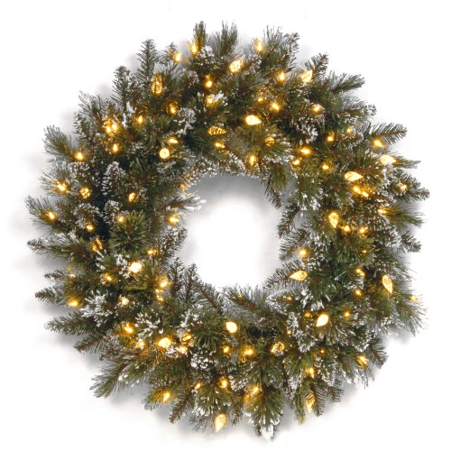 Christmas Central Pre-Lit Frosted Bristle Artificial Pine Christmas Wreath, 24-Inch, White LED Lights