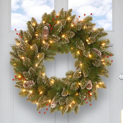 Christmas Central Pre-Lit Frosted Mountain Spruce Artificial Christmas Wreath, 24-Inch, White Lights - Image 3