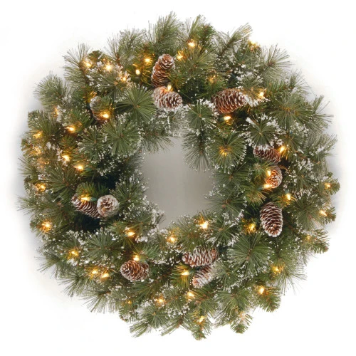 Christmas Central Pre-Lit Glittery Pine Artificial Christmas Wreath, 24-Inch, Clear Lights