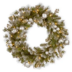 Christmas Central Pre-Lit Pomegranate Pine Artificial Christmas Wreath - 24-Inch, Warm White LED Lights