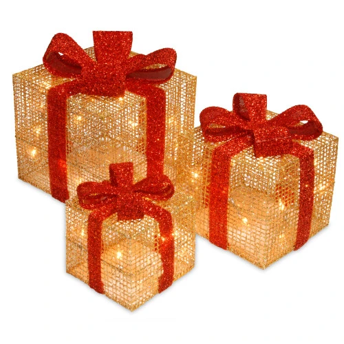 Christmas Central Set Of 3 Pre-Lit Christmas Gift Boxes, Clear Lights