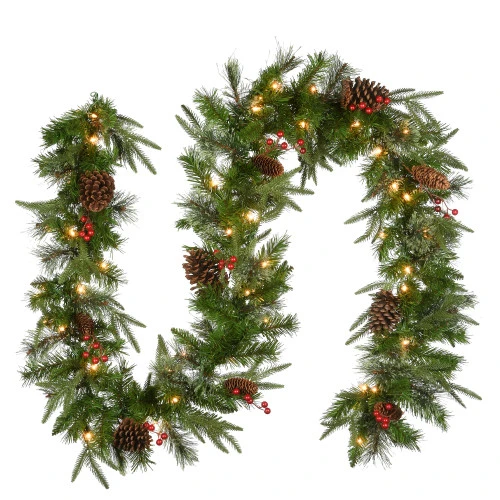 Christmas Central 9' X 10" Pre-Lit Berries And Pinecones Artificial Christmas Garland, Clear Lights