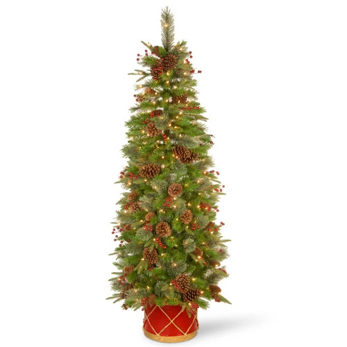 Christmas Central 6' Pre-Lit Potted Pencil Colonial Fir Artificial Christmas Half Wall Tree, Clear Lights