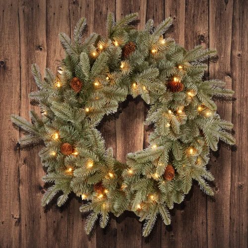 Christmas Central Pre-Lit Frosted Arctic Spruce Artificial Christmas Wreath, 24-Inch, Clear Lights - Image 3