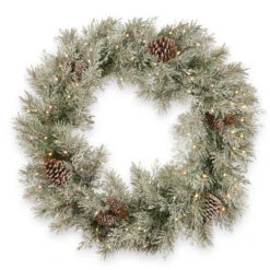 Christmas Central 30" Pre-Lit Frosted Mountain Spruce Artificial Christmas Wreath, Battery Operated Clear Lights