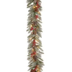 Christmas Central 9' X 12" Pre-Lit Snowy Bristle Berry Artificial Christmas Garland, Clear Lights