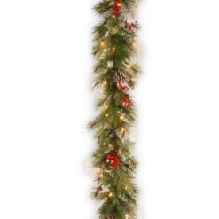 Christmas Central 9' X 12" Pre-Lit Wintry Berry Artificial Christmas Garland, Clear Lights