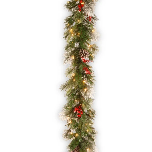 Christmas Central 9' X 12" Pre-Lit Wintry Berry Artificial Christmas Garland, Clear Lights