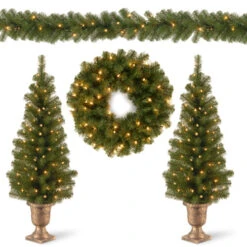 Christmas Central Set Of 4 Pre-Lit Evergreen Artificial Christmas Set, 50 Warm White LED Lights, 9'