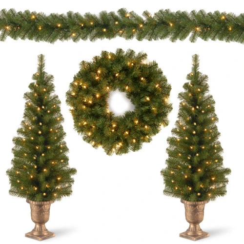 Christmas Central Set Of 4 Pre-Lit Evergreen Artificial Christmas Set, 50 Warm White LED Lights, 9'