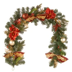 Christmas Central 6' X 1" Evergreen With Ball Ornaments, Poinsettia, And Bow Artificial Christmas Garland, Unlit