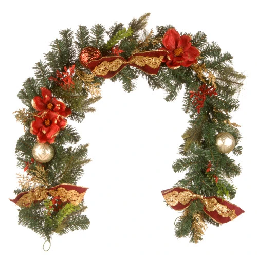 Christmas Central 6' X 1" Evergreen With Ball Ornaments, Poinsettia, And Bow Artificial Christmas Garland, Unlit