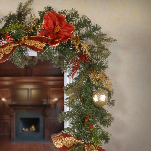 Christmas Central 6' X 1" Evergreen With Ball Ornaments, Poinsettia, And Bow Artificial Christmas Garland, Unlit - Image 3
