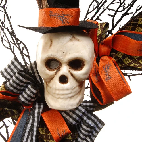 Christmas Central Skeleton With Necktie Ribbons Halloween Wreath, Black And White 24-Inch - Image 3