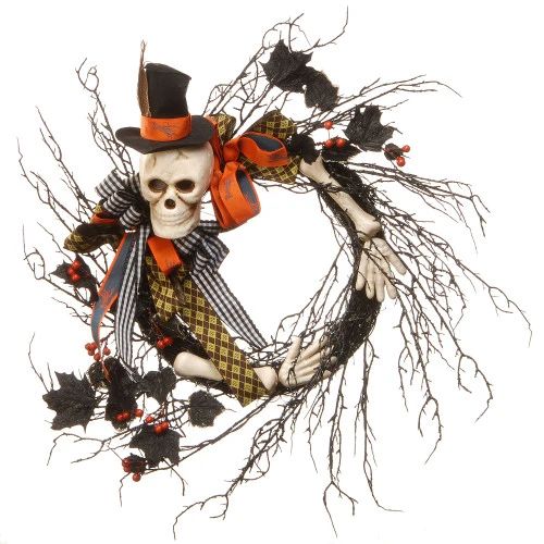 Christmas Central Skeleton With Necktie Ribbons Halloween Wreath, Black And White 24-Inch