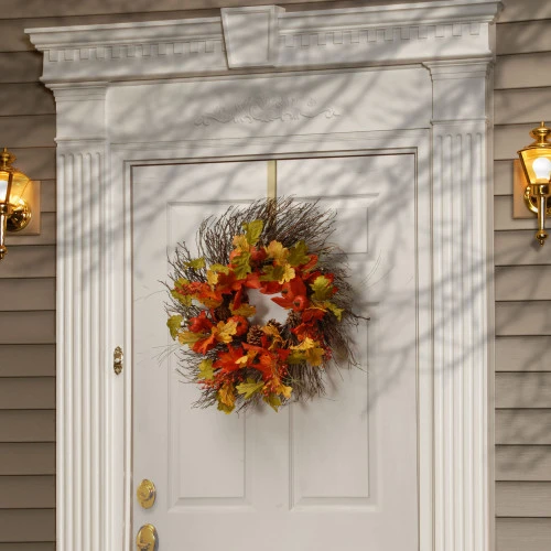 Christmas Central Orange And Green Maple Leaves Artificial Autumn Wreath - 26-Inch, Unlit - Image 3