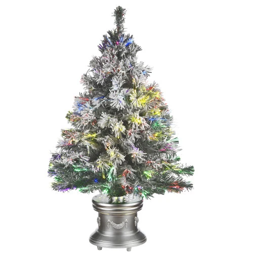 Christmas Central 3' Pre-lit Potted Evergreen Flocked Artificial Christmas Tree, Fiber Optic Lights