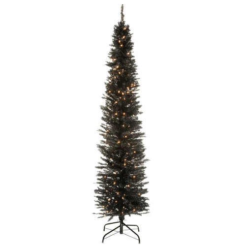 Christmas Central 6β Pre-Lit Pencil Black Tinsel Artificial Christmas Tree, White Lights